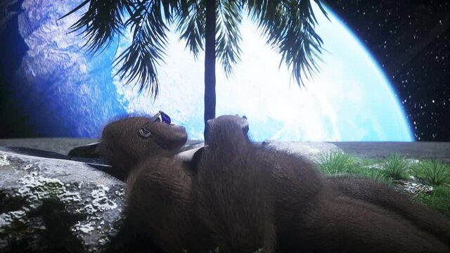 Gorilla idle on the moon oasis. 3d rendering.