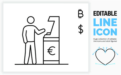 Editable line icon of a stick figure at the ATM machine