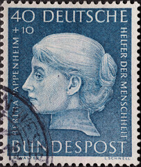 GERMANY - CIRCA 1954: a postage stamp printed in Germany showing an image of Bertha Pappenheim,...