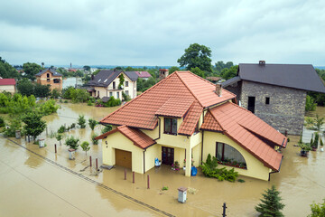 Aerial view of flooded houses with dirty water of Dnister river in Halych town, western Ukraine.
