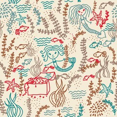 Fototapeta na wymiar seamless doodle pattern with mermaid 