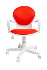 red office fabric armchair on wheels isolated on white background, front view. modern furniture,...