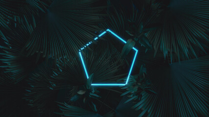 3d rendering of blue pentagon neon light with tropical leaves. Flat lay of minimal nature style concept - obrazy, fototapety, plakaty