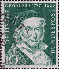 GERMANY - CIRCA 1955: a postage stamp printed in Germany showing an image of Carl Friedrich Gauß,...