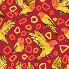 Hand drawn vector seamless pattern of parrots lovebirds. Exotic birds on an abstract background. Vintage tropical colorful wallpaper. Bright surface design for wrap, textile, postcard, print, fabric.