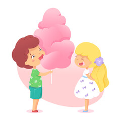 Cute boy and girl eating huge pink cotton candy