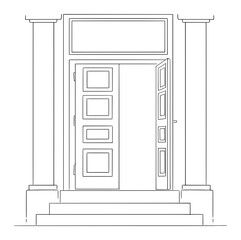 Vector cartoon drawing conceptual illustration of classic entrance or open door of bank building with pillars and stairs. Empty space for text above.