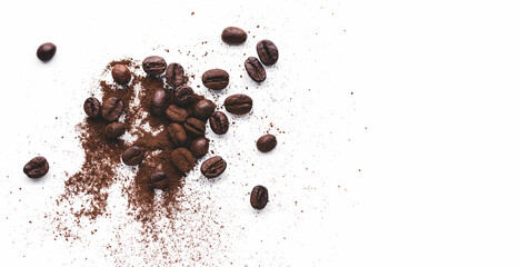 space fresh coffee bean with powder coffee on white background