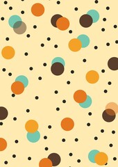 Fototapeta na wymiar Tile pattern with multicolored polka dots on pastel orange background. Blue, yellow, orange, brown dots for brand, design, business. Image drawing illustration