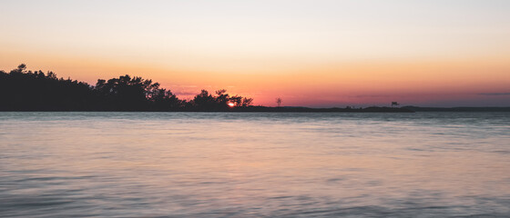 Naklejka premium Sun setting behind pine trees