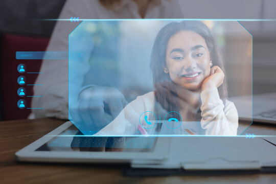 Woman Making Video Call Using Digital Tablet, Collage, Double Exposure - Powered by Adobe