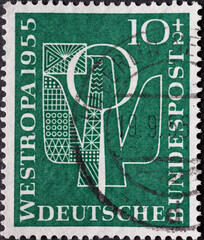 GERMANY - CIRCA 1955:This postage stamp shows shows a stylized pigeon with letter on the occasion...
