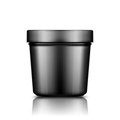 Black plastic bucket mockup isolated from background: ice cream, butter or yogurt container. Package design for branding. Blank food, medical, beauty product template. 3d realistic vector illustration