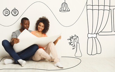 Black couple holding house plan and dreaming about new interior design, collage with drawings on...