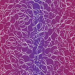 Vector Flowers Pansies Line Art in White Scattered on Pink Purple Ombre Background Seamless Repeat Pattern. Background for textiles, cards, manufacturing, wallpapers, print, gift wrap and scrapbooking