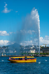boat and water jet in geneva, switzerland