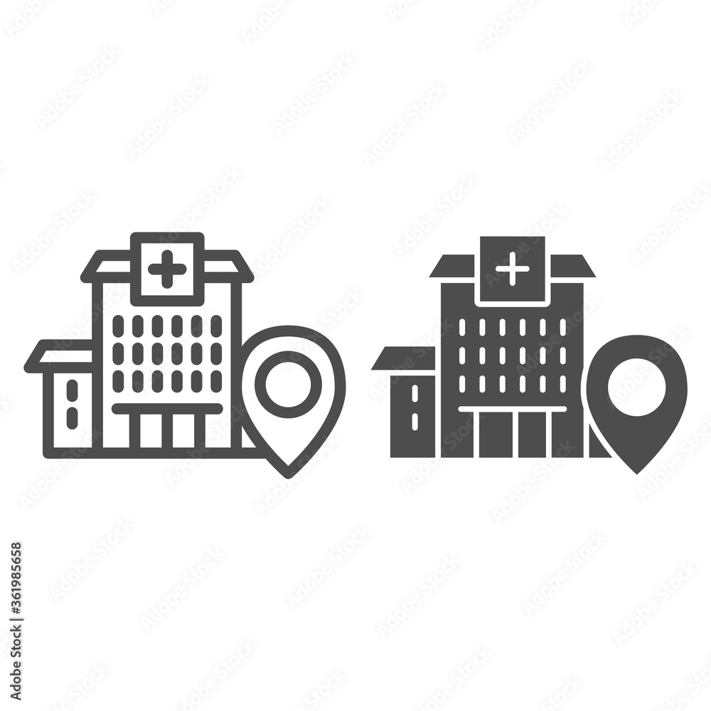 Poster hospital building with location marker line and solid icon, navigation concept, clinic pointer sign 