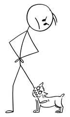 Vector cartoon stick figure drawing conceptual illustration of angry man with small aggressive dog or chihuahua bite to his leg.
