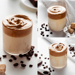 collage of delicious Dalgona coffee in glass near coffee beans and brown granulated sugar on white background