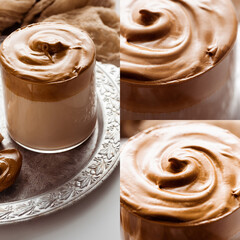 collage of delicious Dalgona coffee in glass on silver tray on white background