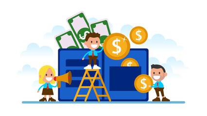 Workers collect money. Wallet and coins vector illustration
