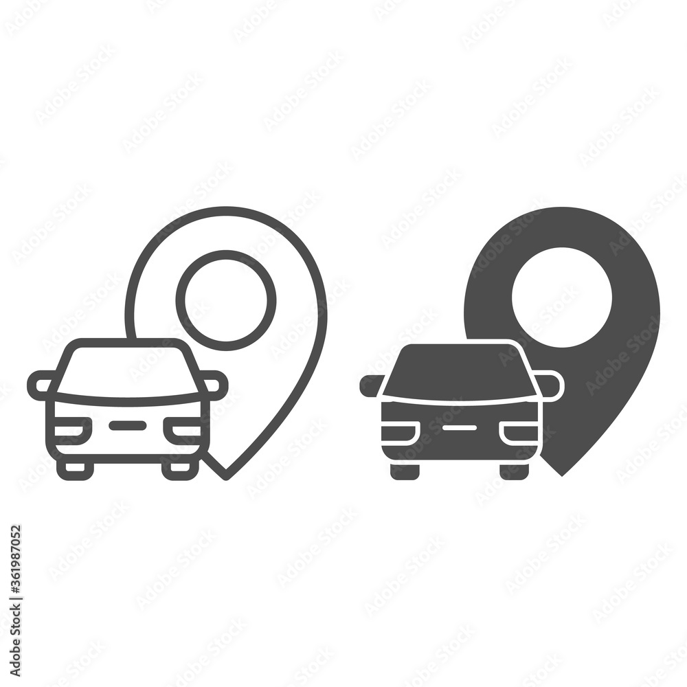Poster vehicle location line and solid icon, navigation concept, car with pin pointer sign on white backgro