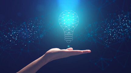 Creativity And Innovations. Male Hand Holding Abstract Lightbulb Made Of Polygonal Connections