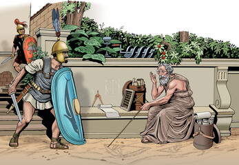 Ancient Rome - Archimedes is about to be killed by Roman soldiers - obrazy, fototapety, plakaty