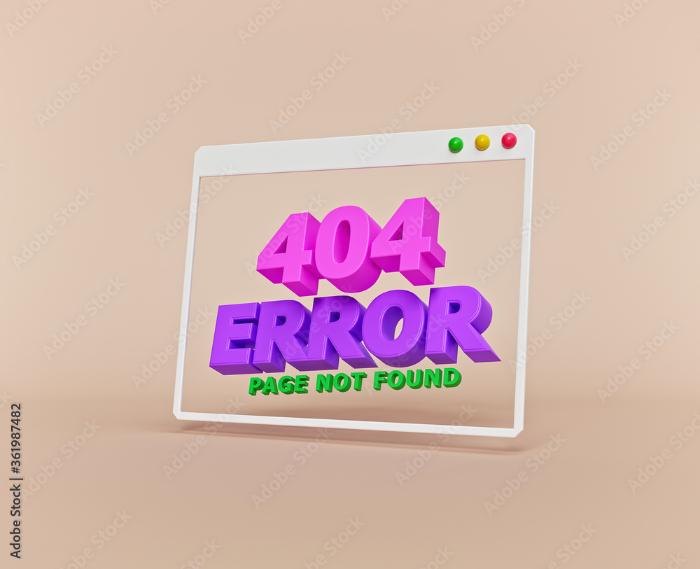 Poster computer window with 404 error page. minimal design for website. 3d rendering