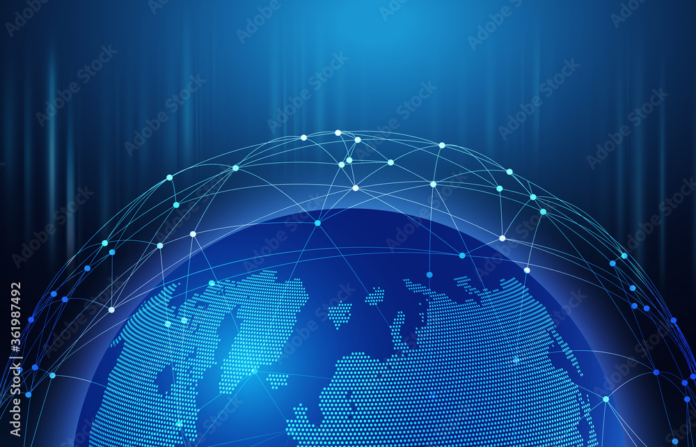 Poster Global Network. 3D rendering of world globe with polygonal dots connections above
