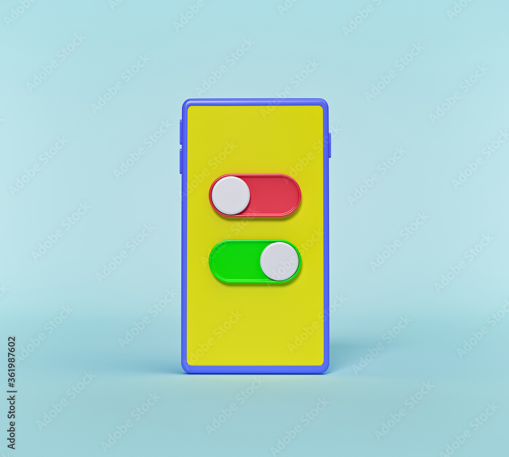 Poster on and off toggle switch buttons on smartphone. minimal design. 3d rendering