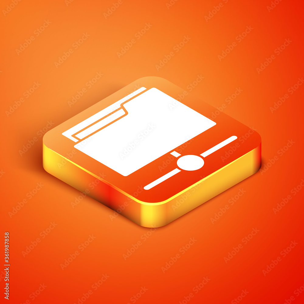 Poster isometric ftp folder icon isolated on orange background. software update, transfer protocol, router,