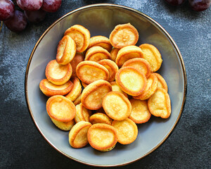 mini pancakes cereal delicious dessert breakfast Menu concept serving size. food background top view copy space for text organic healthy eating