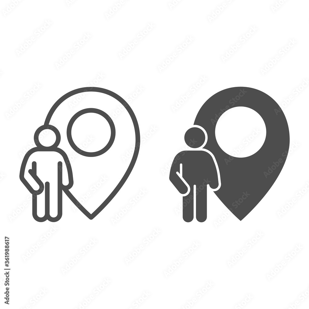 Poster person with location marker line and solid icon, navigation concept, meeting point location sign on 