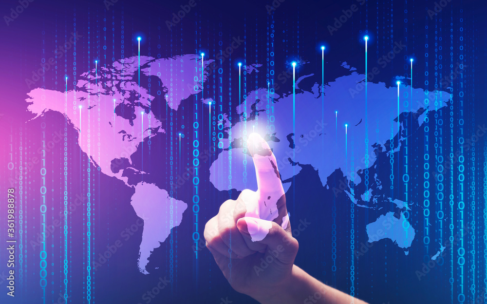 Poster Contemporary technologies. Collage with woman touching virtual screen, world map and binary code digits