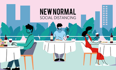 Social distancing between people at tables vector design