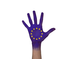 EU Concept. Europe Union Flag Painted On Open Palm Over White Background