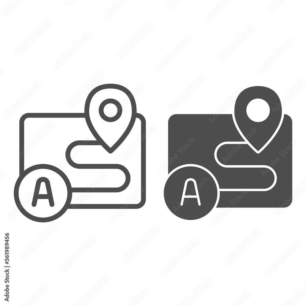 Poster distance between points with location marker line and solid icon, navigation concept, route with mar