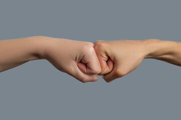 Close-up of light-skinned and dark-skinned fists bumping together