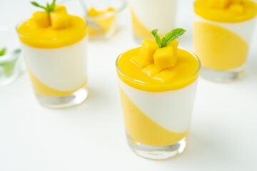 Italian dessert mango panna cotta decorated with fresh mango and mint