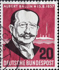 GERMANY - CIRCA 1957: a postage stamp printed in Germany showing an image of albert ballin with a...