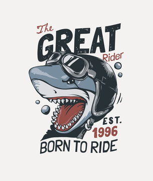 Shark In Biker Helmet Graphic Illustration For Fashion T Shirt Print