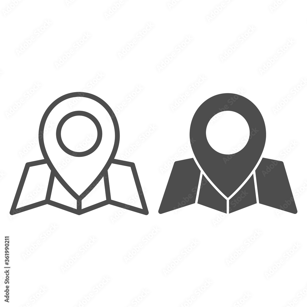Poster location marker and map line and solid icon, cartography concept, map with point marker sign on whit