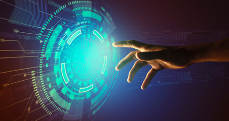 Advanced technologies. Collage of male hand touching virtual screen with high tech user interface,...