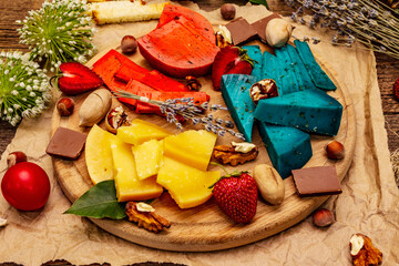 Cheese plate. Assorted multicolored hard Dutch cheeses. Blue and red pesto, aged gouda