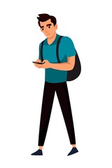 Man looking at phone walking on street