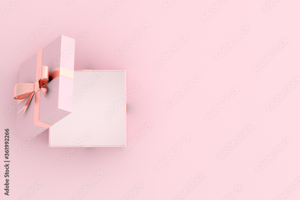 Poster Mock up of open gift box on pink background. 3D rendering.	