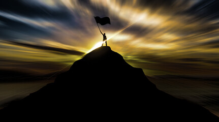 Successful Man with Flag on top of the Mountain. 