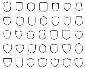 Police badge shape. 40 icons Vector military shield silhouettes. Security patches isolated on white background. Illustration shield shape protection, black security and football badge vector