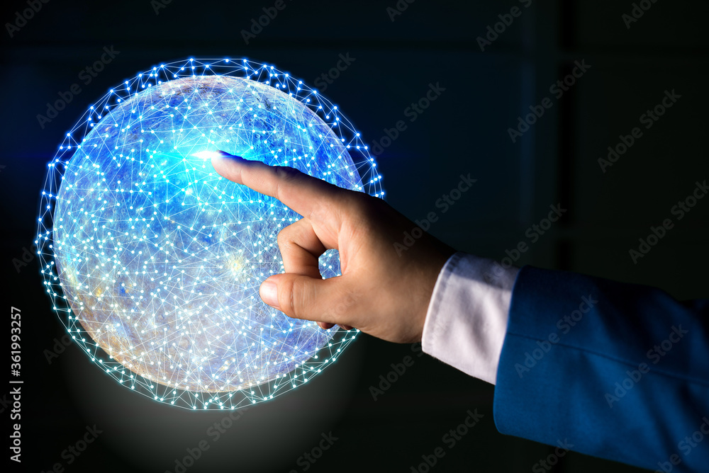 Poster digital image of distant solar system showing global technology networks. elements of this image fur